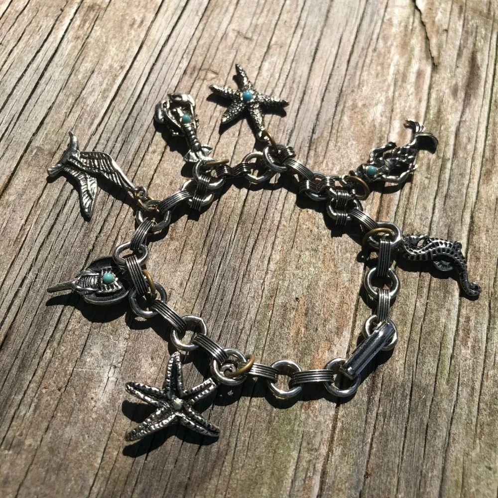 Vintage Silver & Turquoise Beach Charm Bracelet